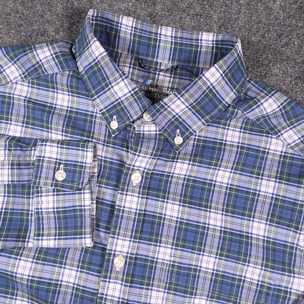 Vineyard Vines On-The-Go Performance Shirt Mens M Blue Plaid Long Sleeve Brrr